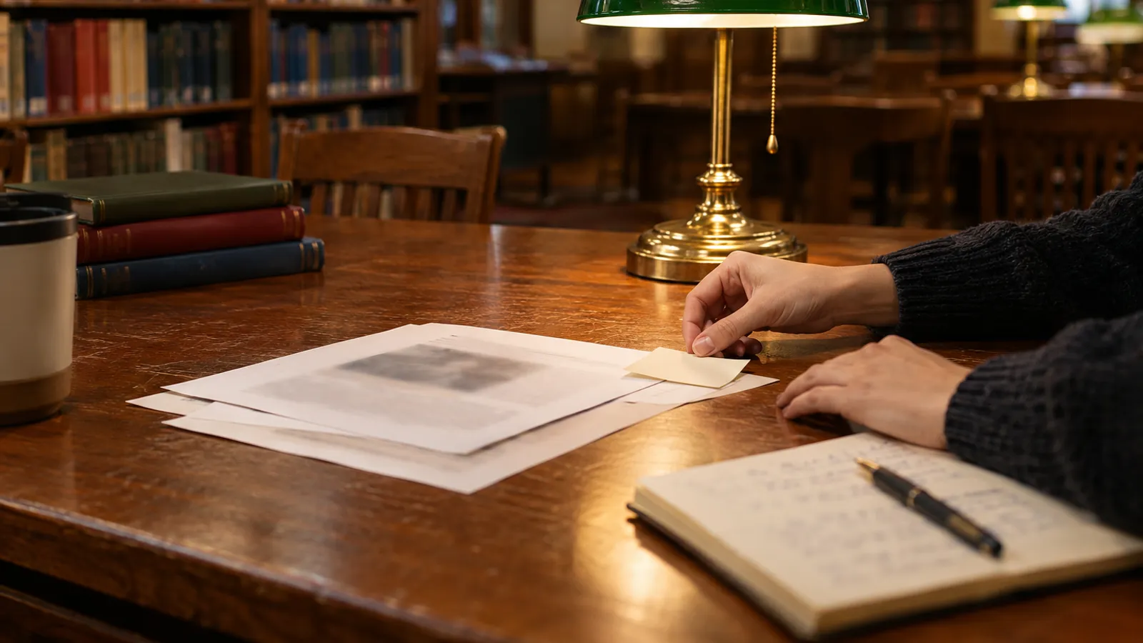 Hands arranging printed research pages and handwritten notes on a wooden library table beneath a green desk lamp.