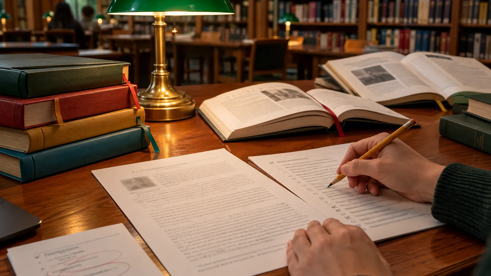 A hand with a pencil checks a printed reference list against a stack of open books on a library table under a green lamp.