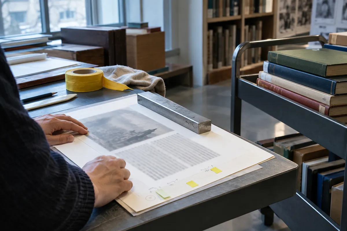 A printed proof page with note markers held under a page weight in a library workshop.