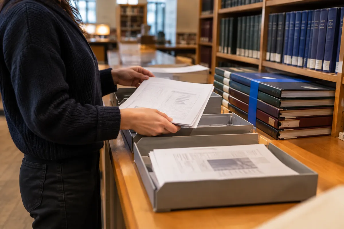 Printed pages with tables and captions being sorted into paper trays beside bound journals.
