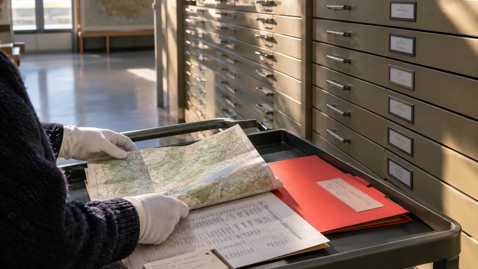 A public map room with flat-file drawers, a folded map, a printed table sheet, a catalogue card, and a red file folder on a rolling cart.