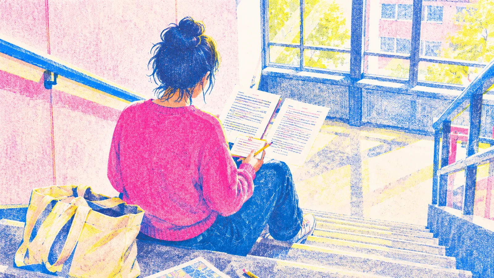 A student on a university stairwell compares printed draft pages with a handwritten field notebook, with source notes and a pencil on nearby steps.