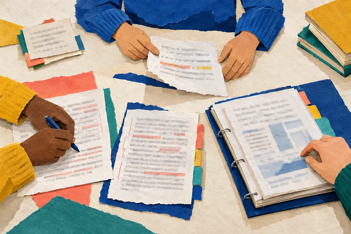 Hands at a classroom worktable review printed sections beside source notes and earlier document printouts.