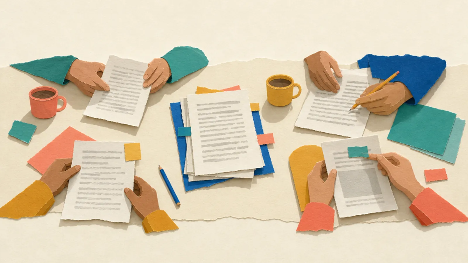 Several people sort printed draft pages and source papers around a library table.