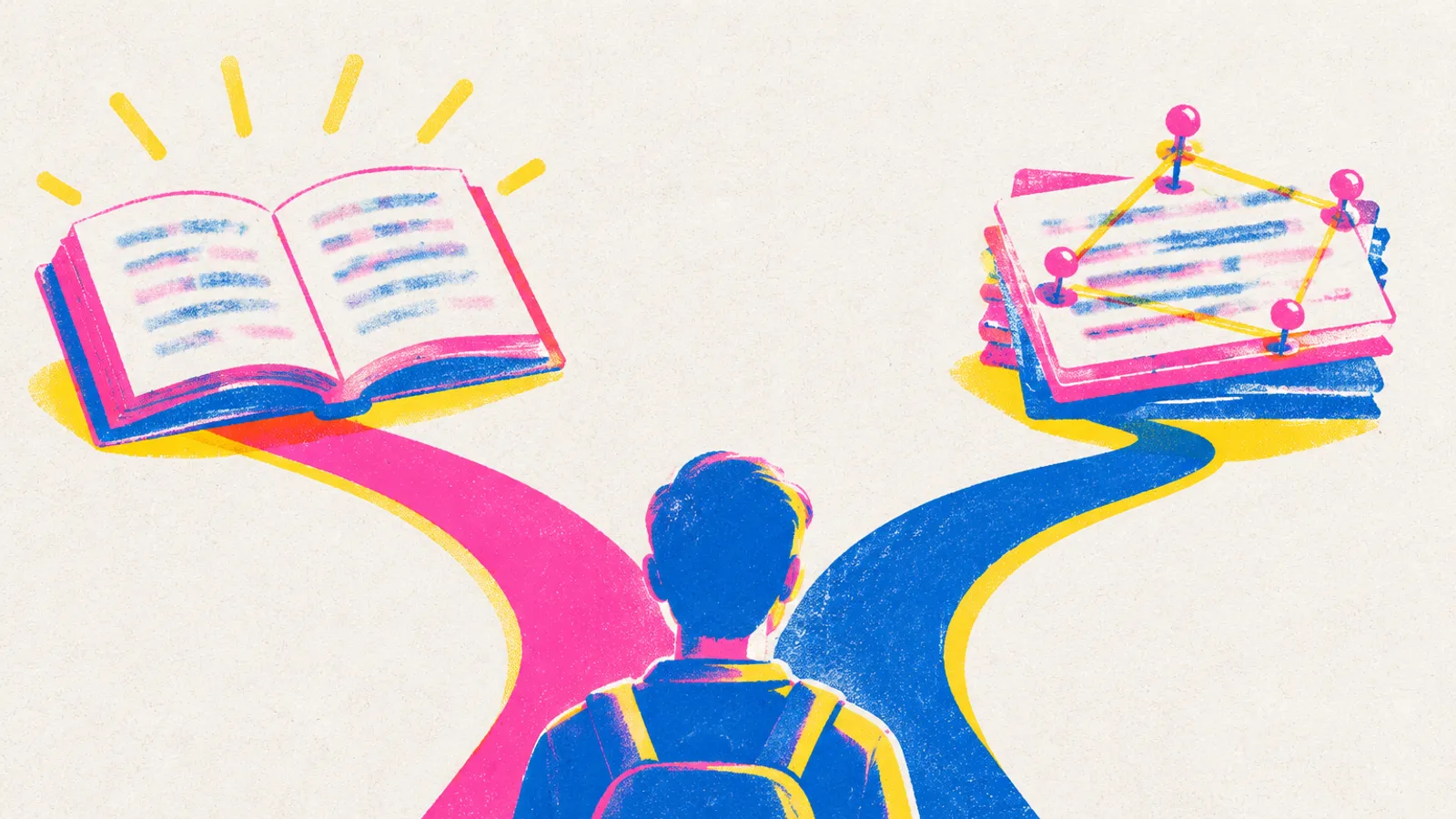 Risograph-style print of a road forking toward an open book on one side and pinned index cards on the other.