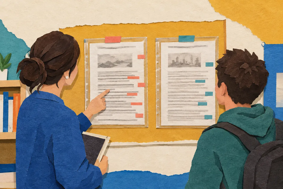 A tutor and student compare a source page and a draft page on a writing-centre display board, with coloured tabs marking exact and near wording overlap.