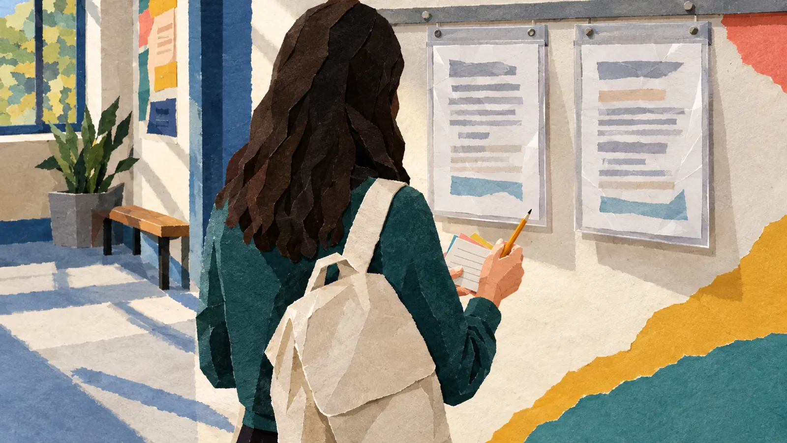 A student in a university writing centre hallway compares two printed pages on a wall rail while holding source cards and a pencil.
