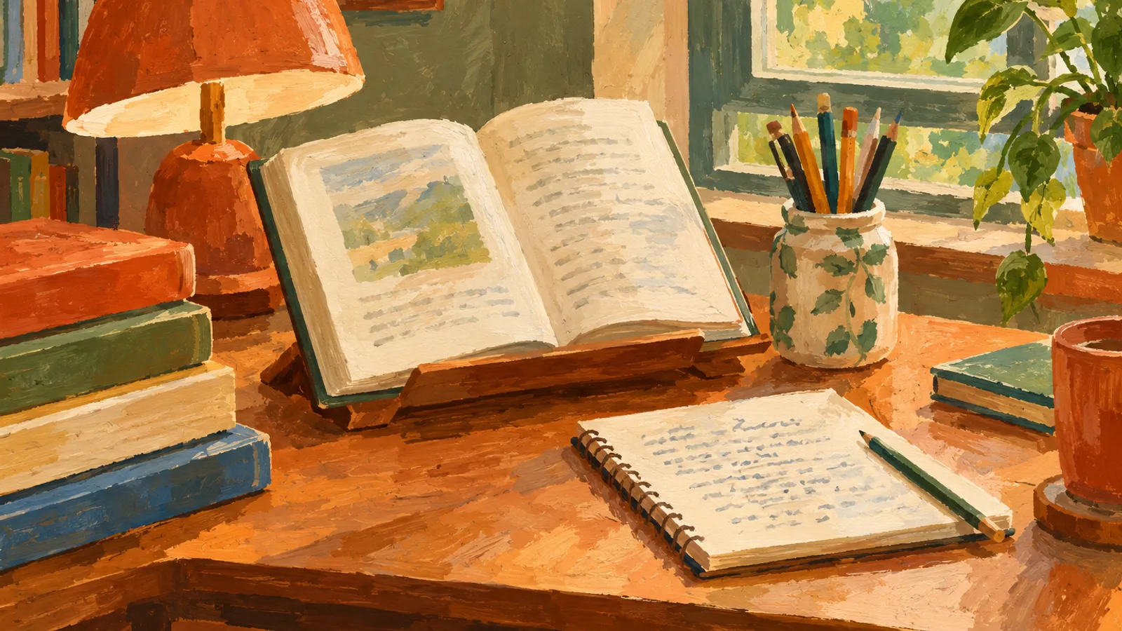 Gouache painting of a desk with an open book on a stand, a notebook, pencils, a lamp and a window plant.