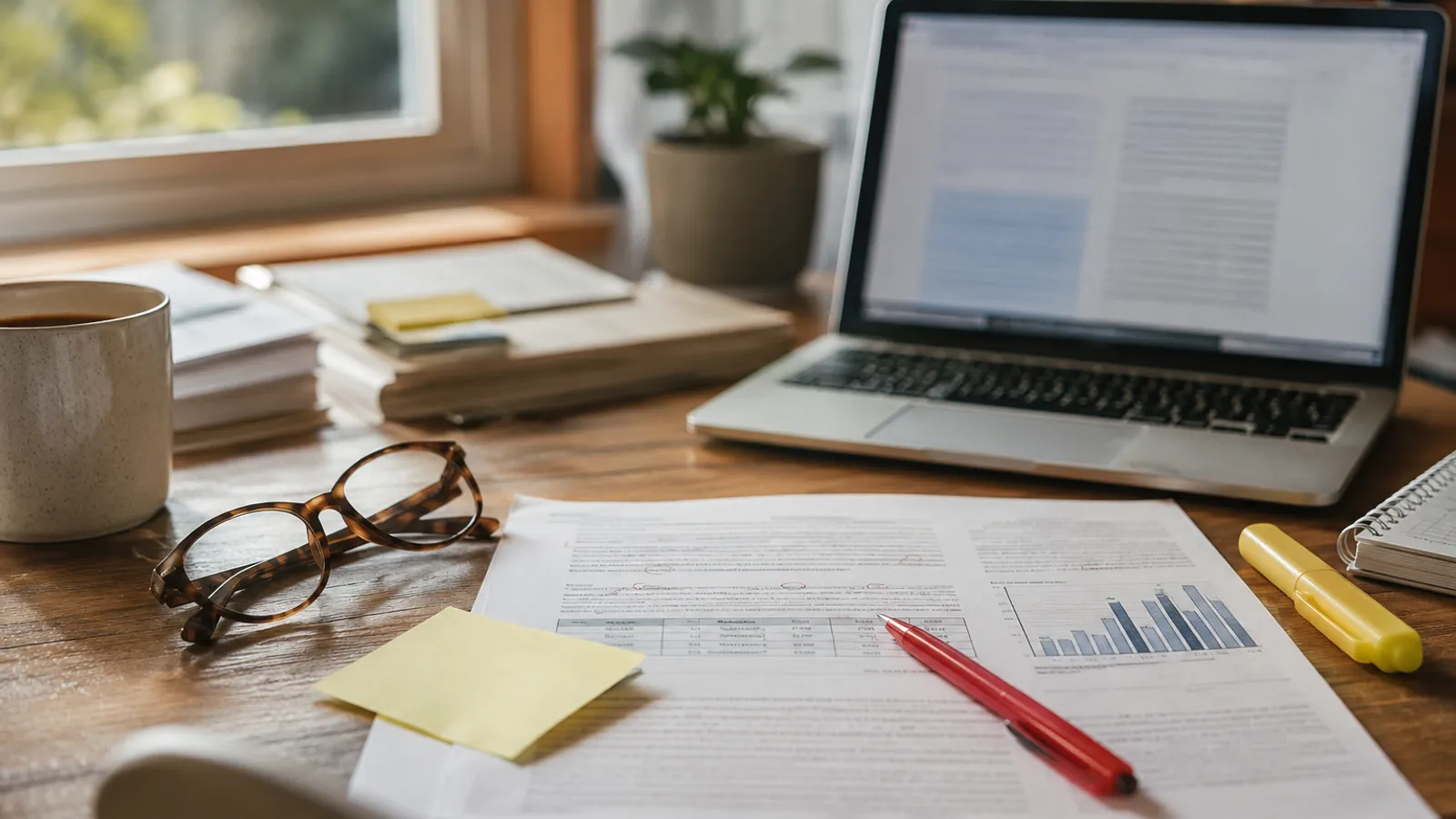 A printed report with a marked table and source notes sits on a desk beside a red pen, laptop, mug, and reading glasses.