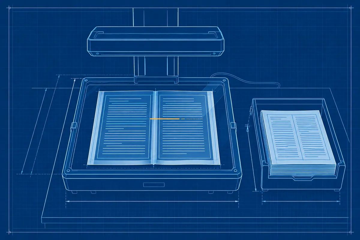 A schematic records-room scanning station showing a two-column report under a scanner platen, with marked column boundaries and a line-end hyphen.