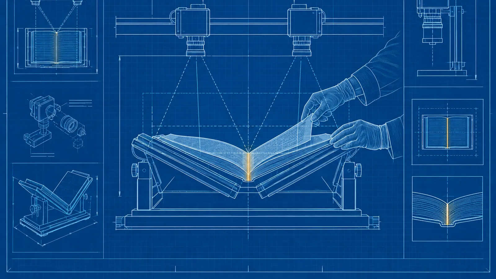 A side view in a preservation lab of an open bound volume in a V-shaped scanner cradle beneath two cameras, with gloved hands turning a page.