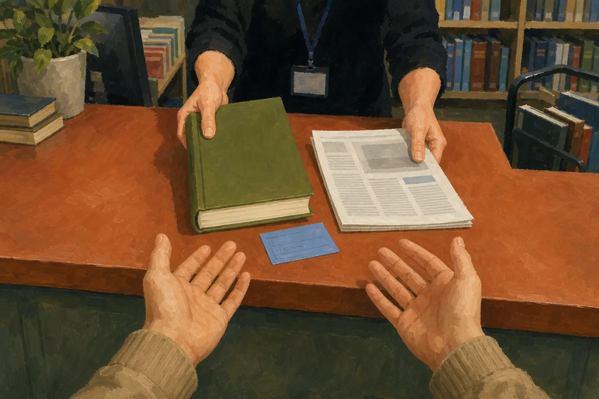 Hands receive a bound book and printed article at a library retrieval counter.