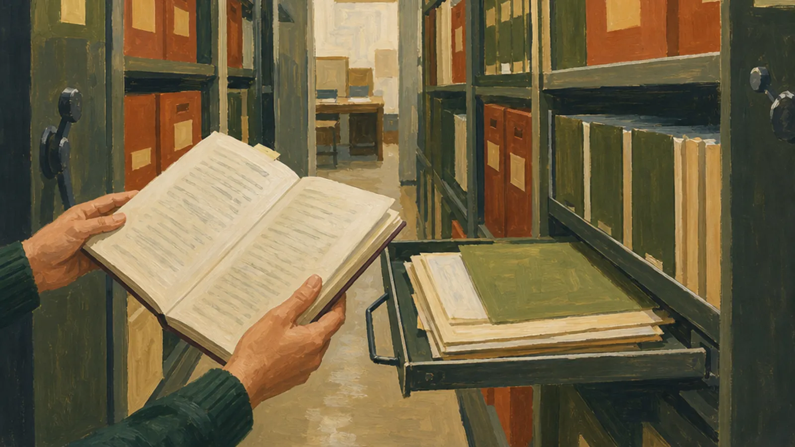 A university archive aisle with rolling shelves, an open bound journal, a document tray, and archival folders.