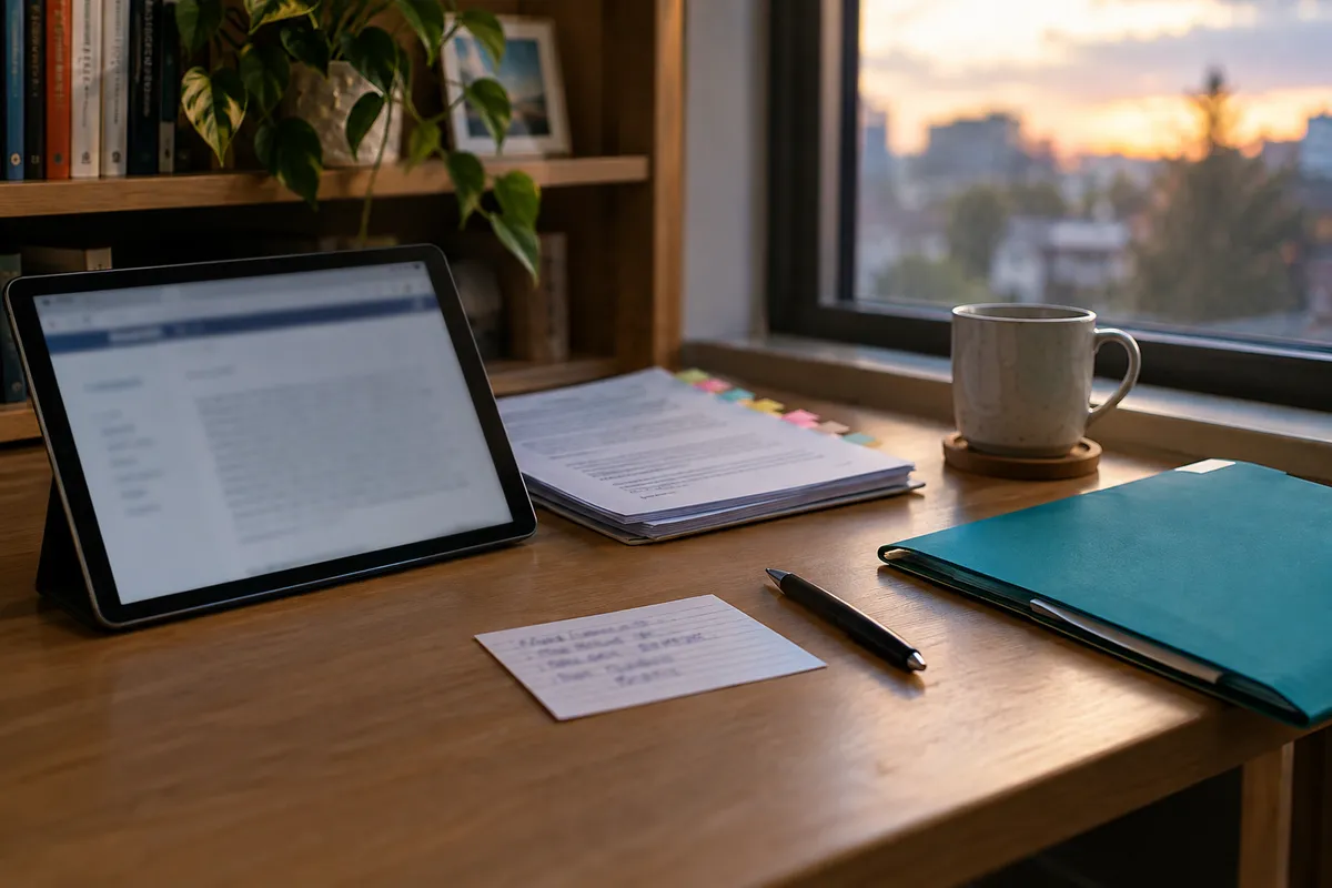 A tablet, printed report, page tabs, and note card are used to check a web reference near a window.