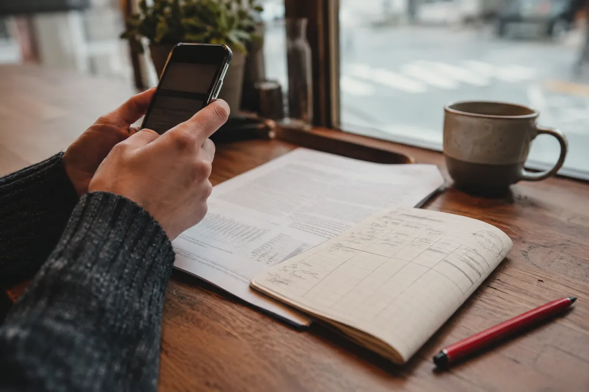 Hands compare a printed journal reference with a webpage on a phone at a cafe counter.