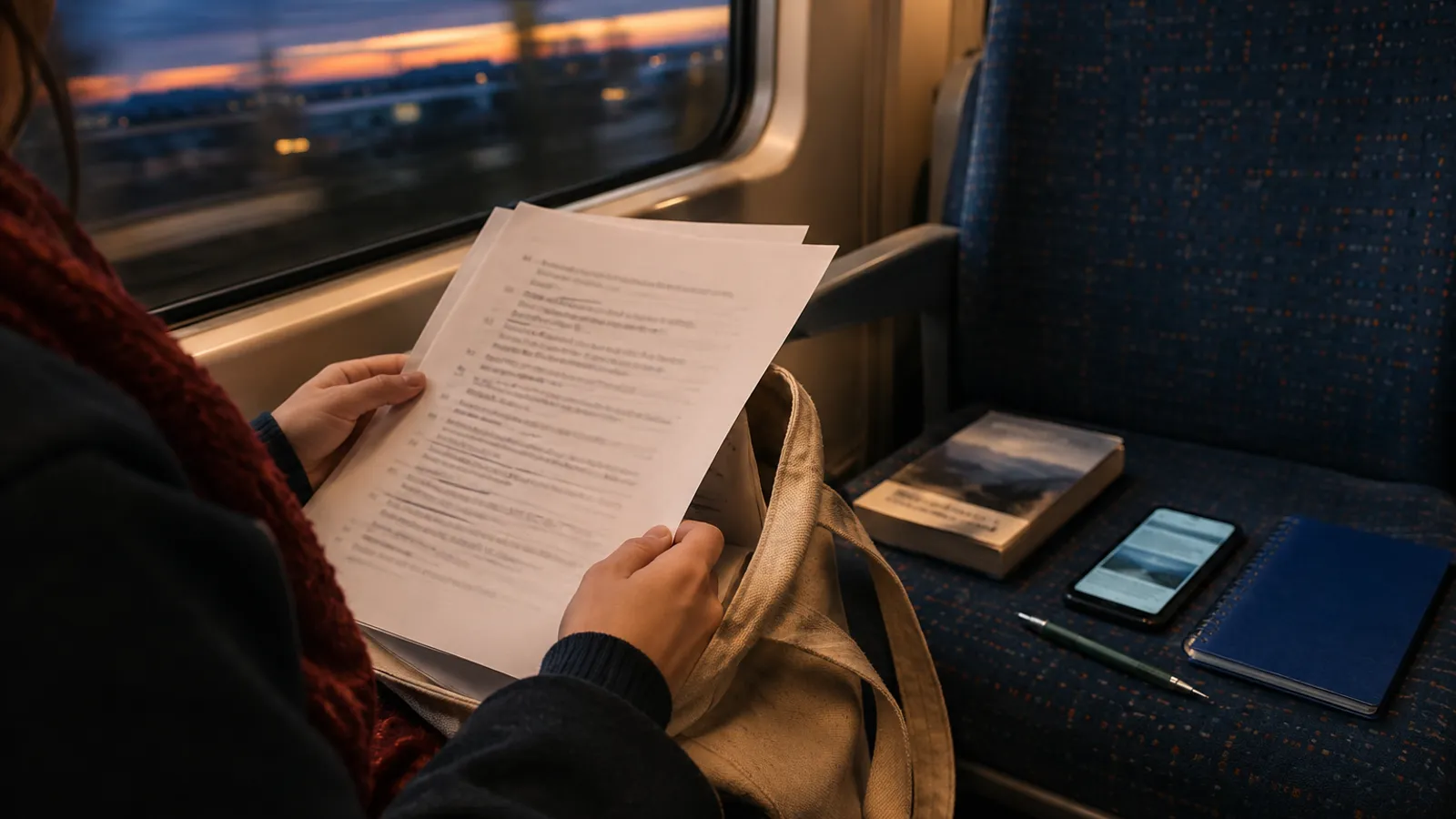 A commuter on a train seat checks a printed reference list beside a paperback, pencil, phone, canvas bag, and cobalt notebook.