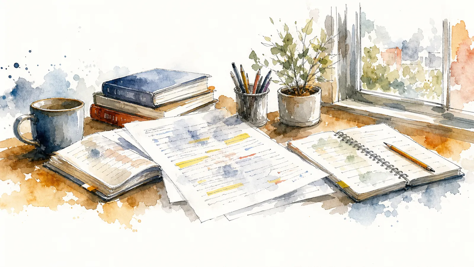 A desk with a highlighted printed draft, notebook, pencil, and source book beside a window.