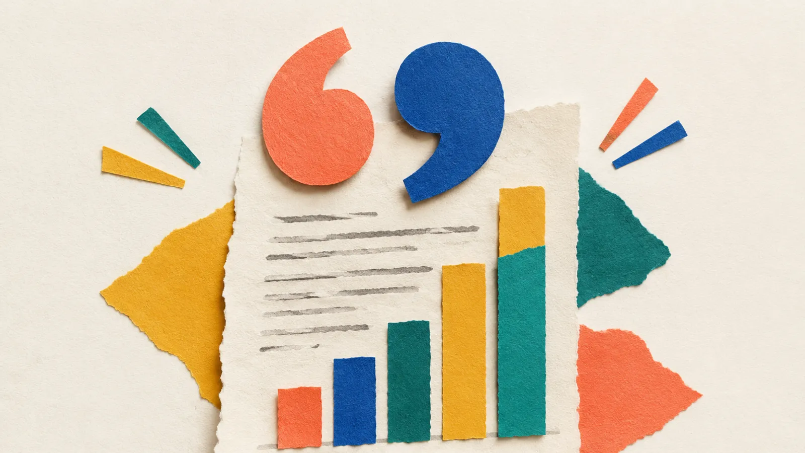 Cut-paper collage of two large quotation marks over a page, with a paper bar chart rising beside them.