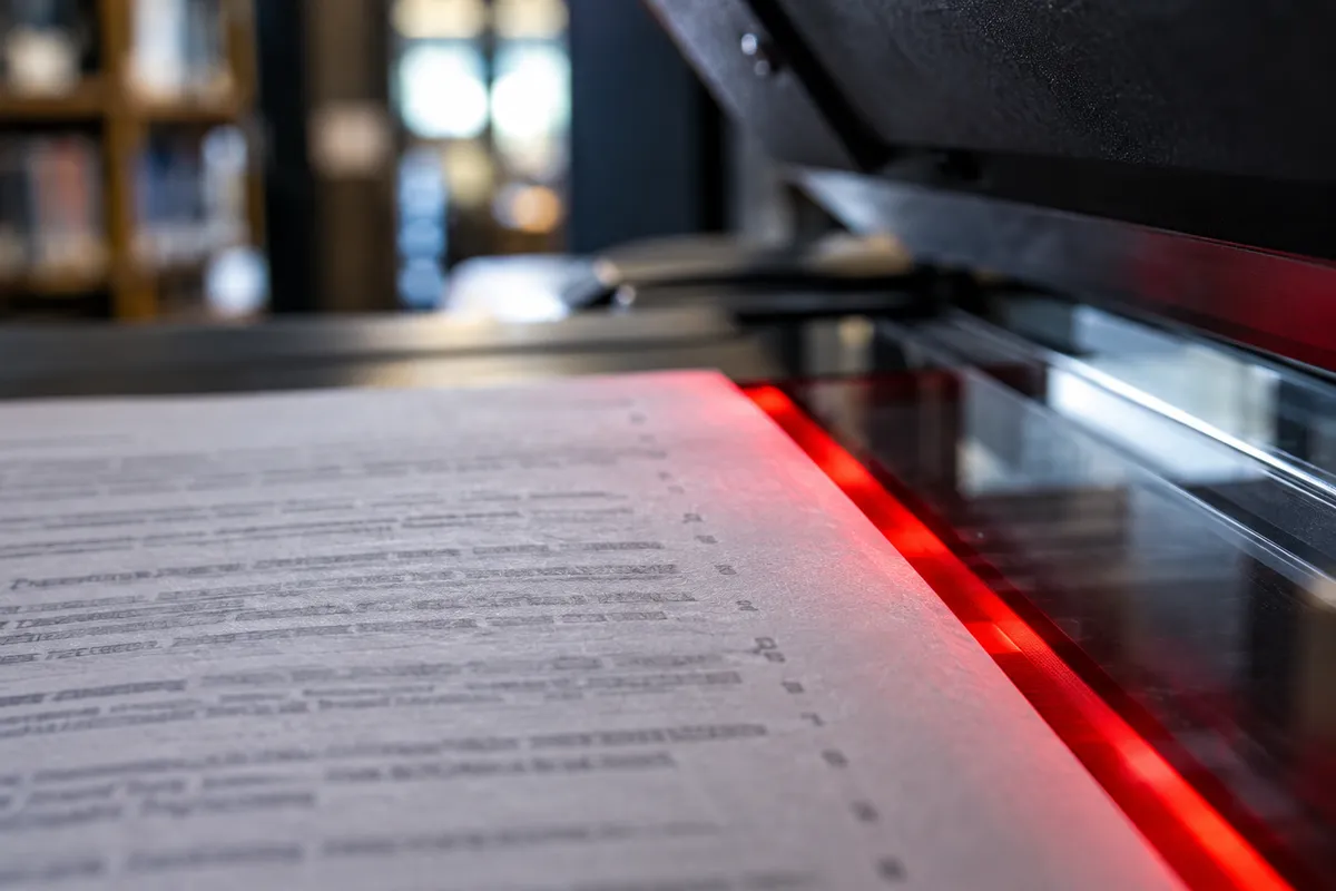 A printed bibliography page beneath a library scanner bed beside a red guide.