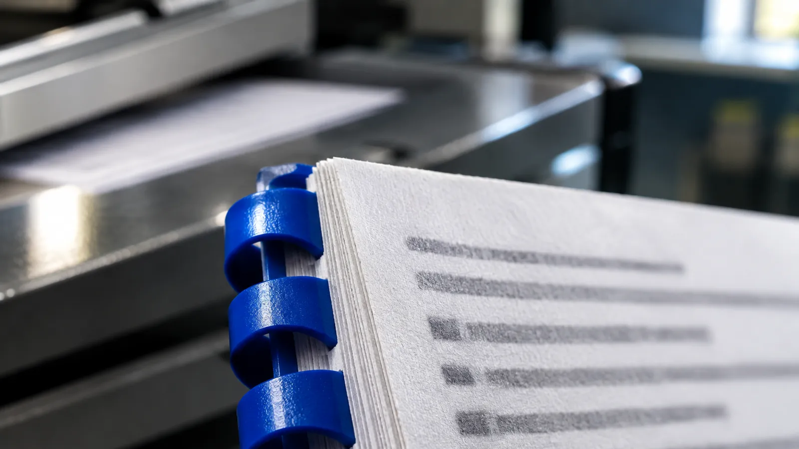 Close view in a university print room of a printed bibliography page beside a blue document comb at a binding station.